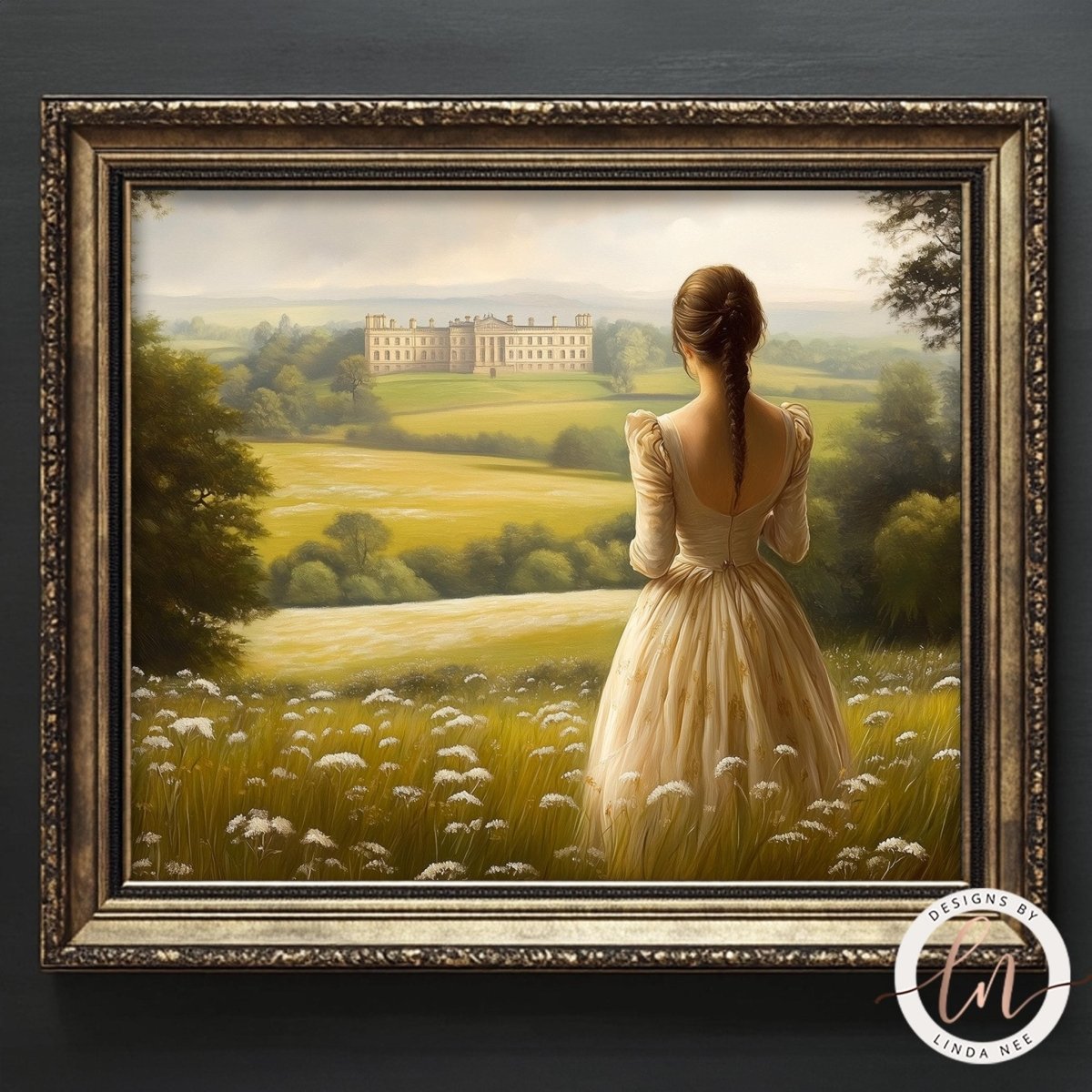 Woman gazing at a grand historic manor from a field of flowers