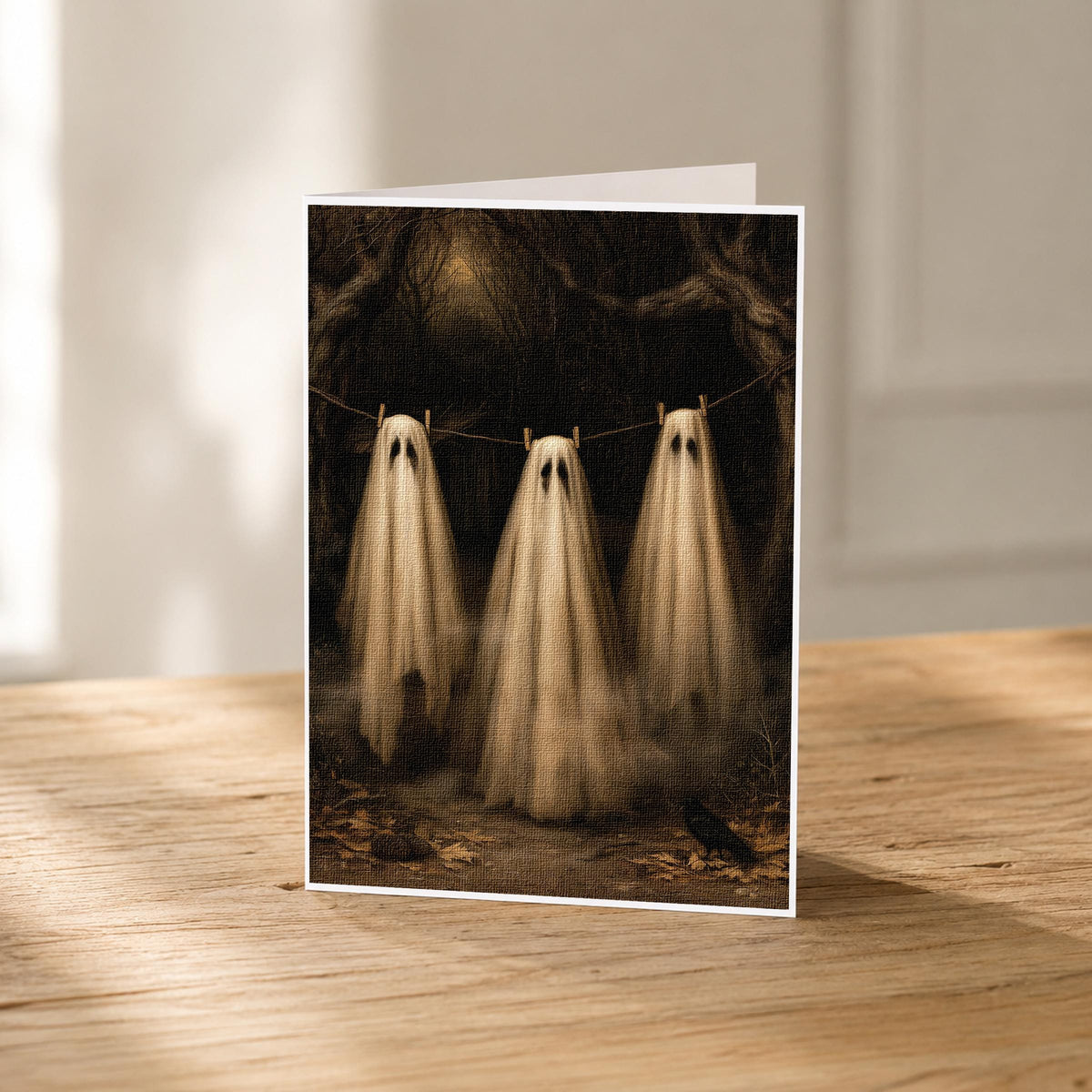 5x7 ghost clothesline blank note card standing upright showing its linen texture and sepia forest artwork
