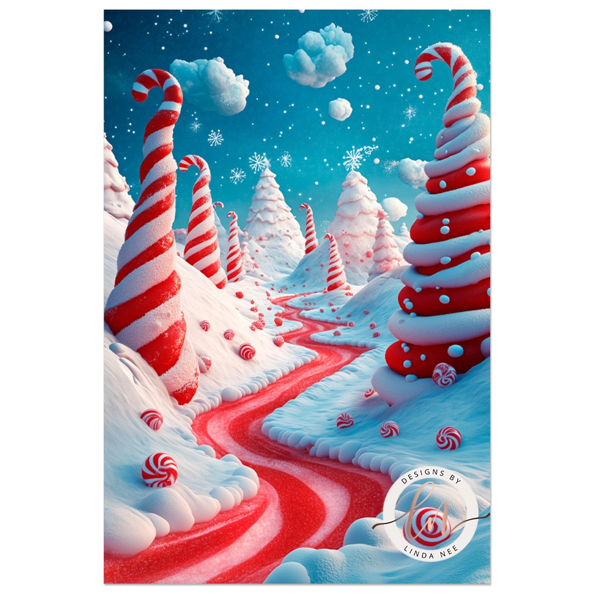 A whimsical, fantastical winter wonderland scene featuring candy cane trees, snow-covered mountains, and a winding red path.