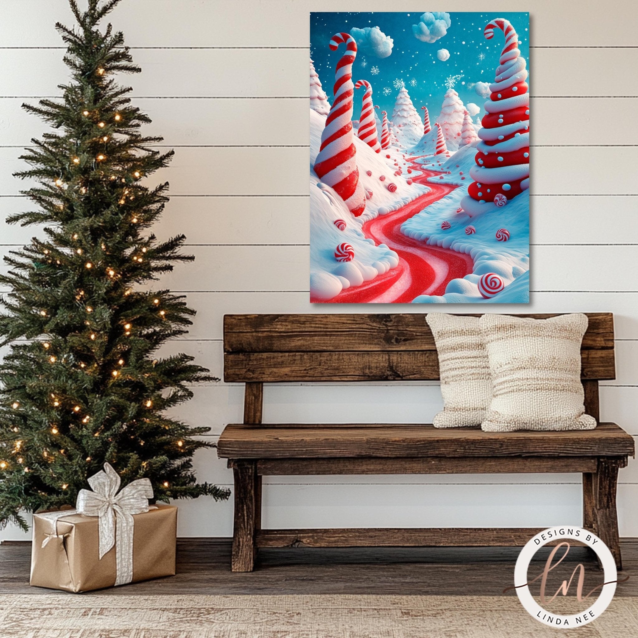 a cozy Christmas scene with a beautifully decorated tree, a wooden bench, and a large framed picture of a candy cane forest hanging on the wall.
