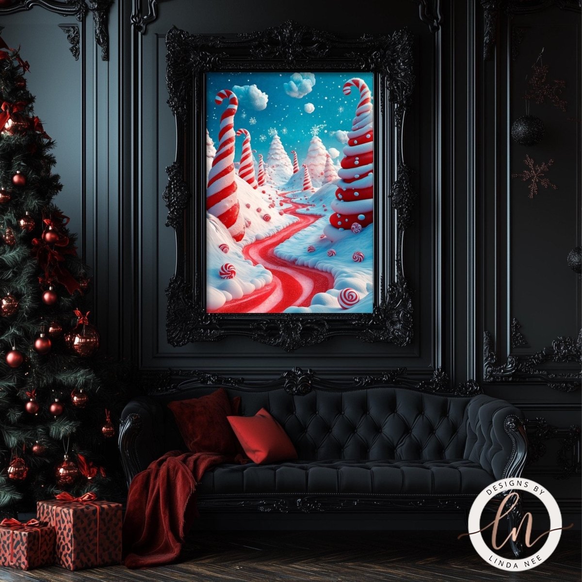 a cozy and festive living room decorated for Christmas. The focal point is a large framed picture of a candy cane-themed winter wonderland, with candy canes and snow-covered trees. The room is furnished with a black sofa and a Christmas tree adorned with red and gold ornaments. The overall atmosphere is warm and inviting, with the holiday decorations and the cozy furnishings creating a festive and comfortable space.
