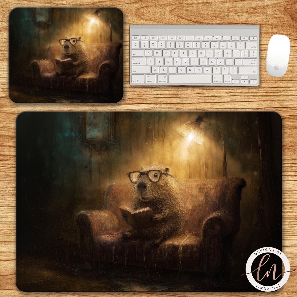 A cartoon image of a capybara wearing glasses and reading a book, sitting on a couch in a dimly lit room.