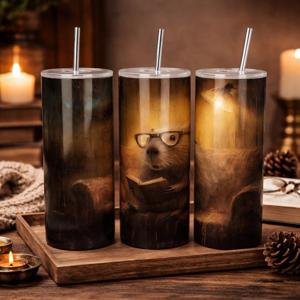 Three cylindrical tumblers with printed images of animals, including a bear wearing glasses and reading a book.
