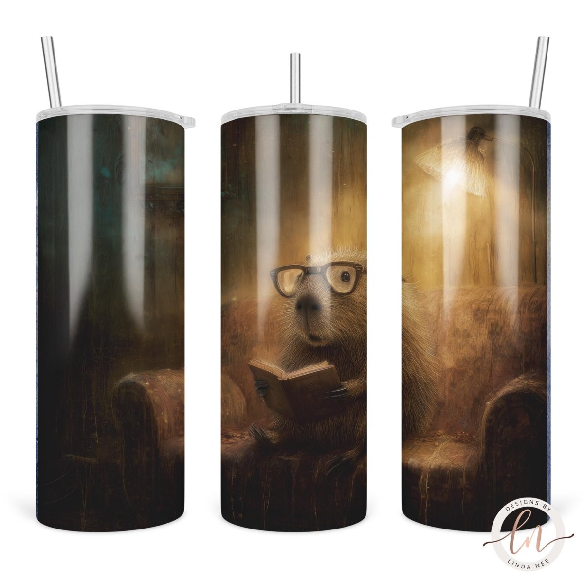 A collage of three images depicting a beaver wearing glasses and reading a book, with a lamp in the background.
