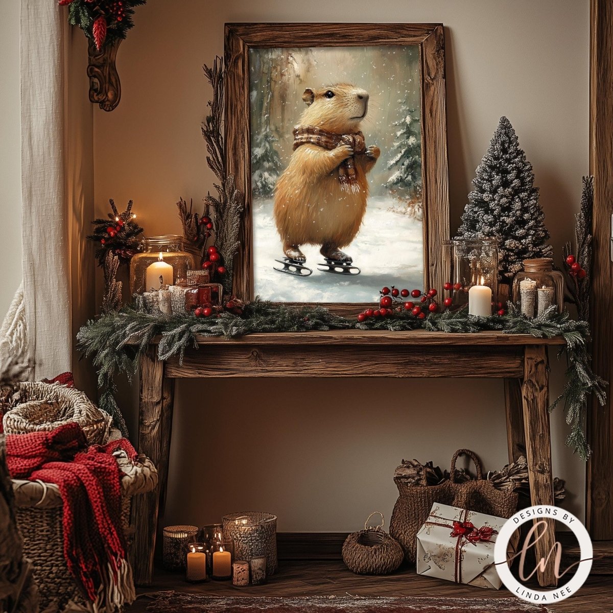 a cozy and festive scene with a wooden table adorned with holiday decorations, including a framed picture of a beaver skating on a snowy surface. The table is also decorated with various candles, berries, and other seasonal items, creating a warm and inviting atmosphere.