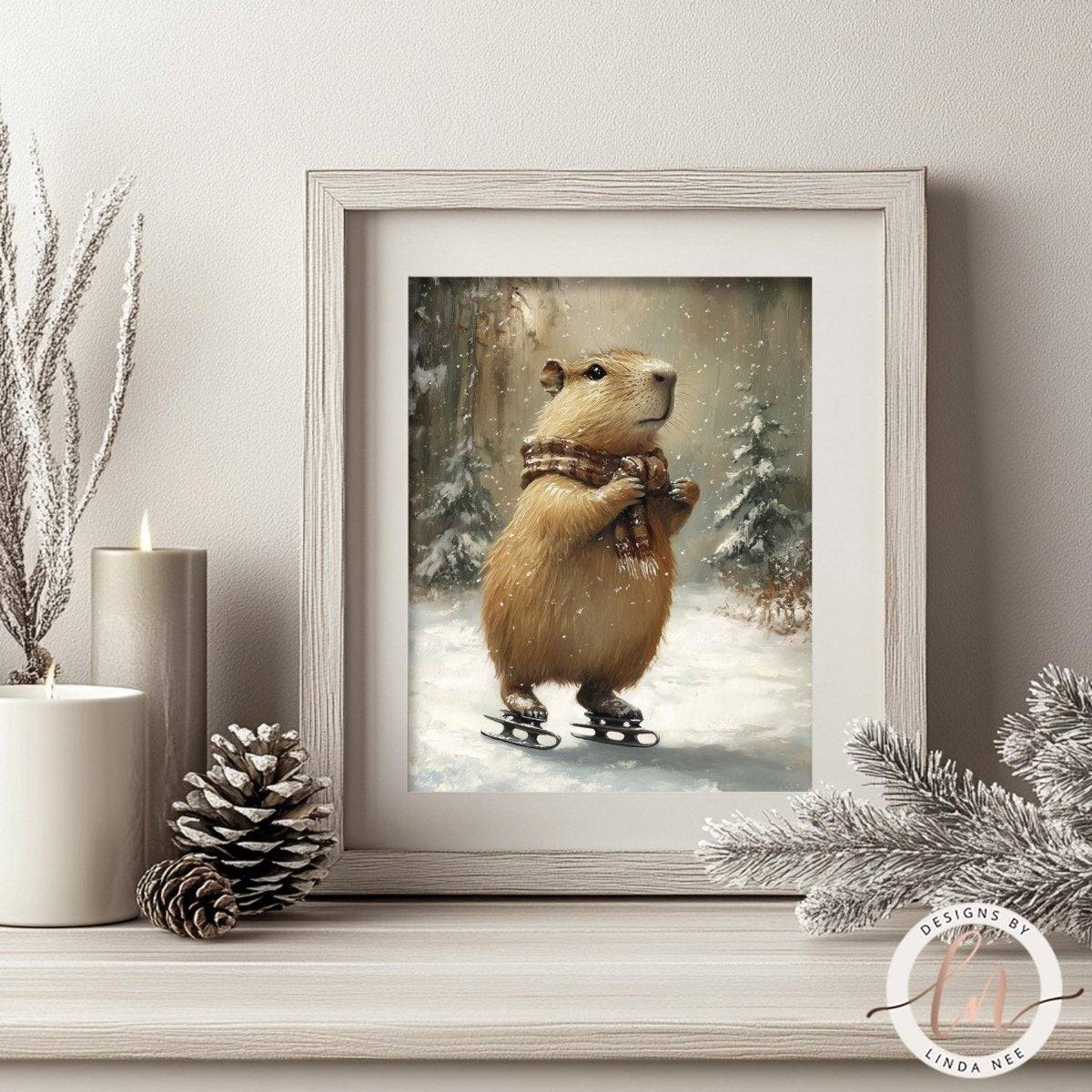 A framed painting of a beaver standing on skis in a snowy forest, with a pine cone and candles on a shelf in the foreground.