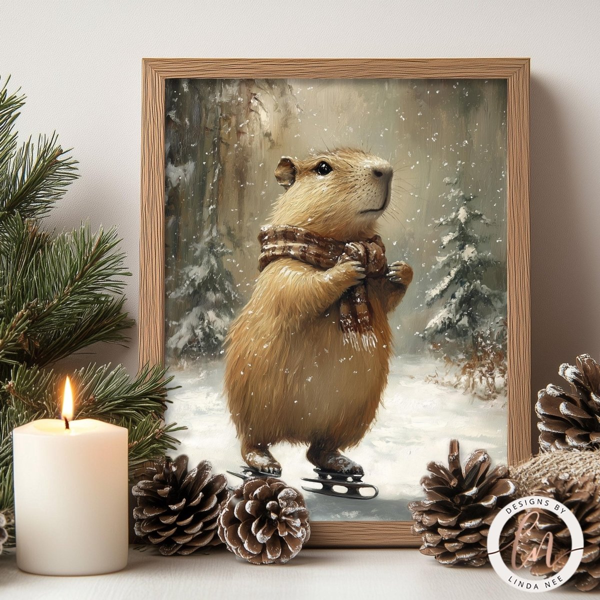 A framed painting of a brown bear standing on skis in a snowy forest, with pine cones and a lit candle nearby.