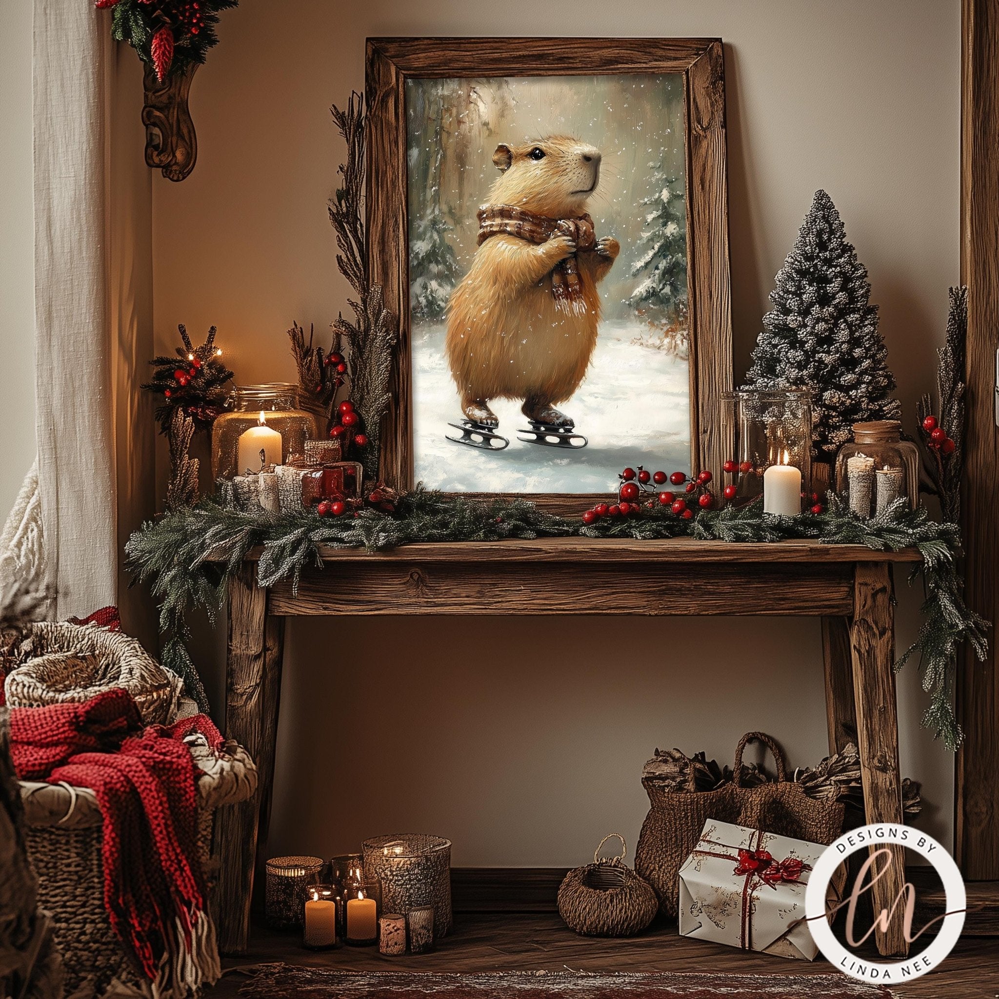 Capybara Ice Skating Winter Art - Metal & Fine Art PrintDesigns by Linda Nee