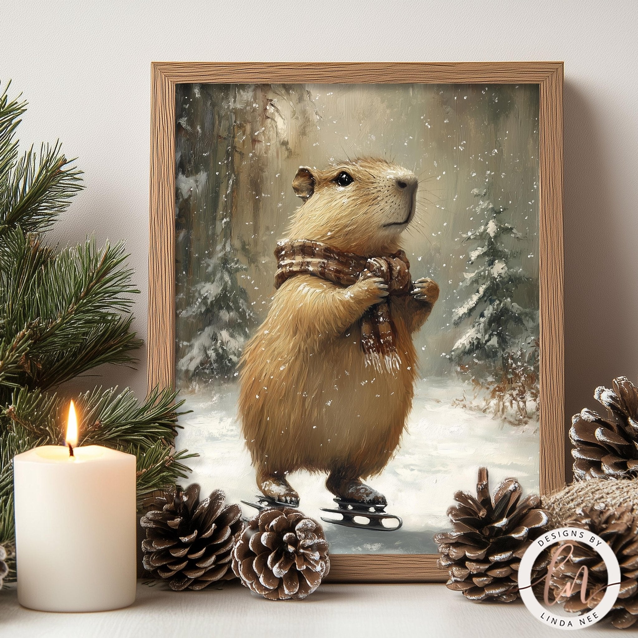 Capybara Ice Skating Winter Art - Metal & Fine Art PrintDesigns by Linda Nee