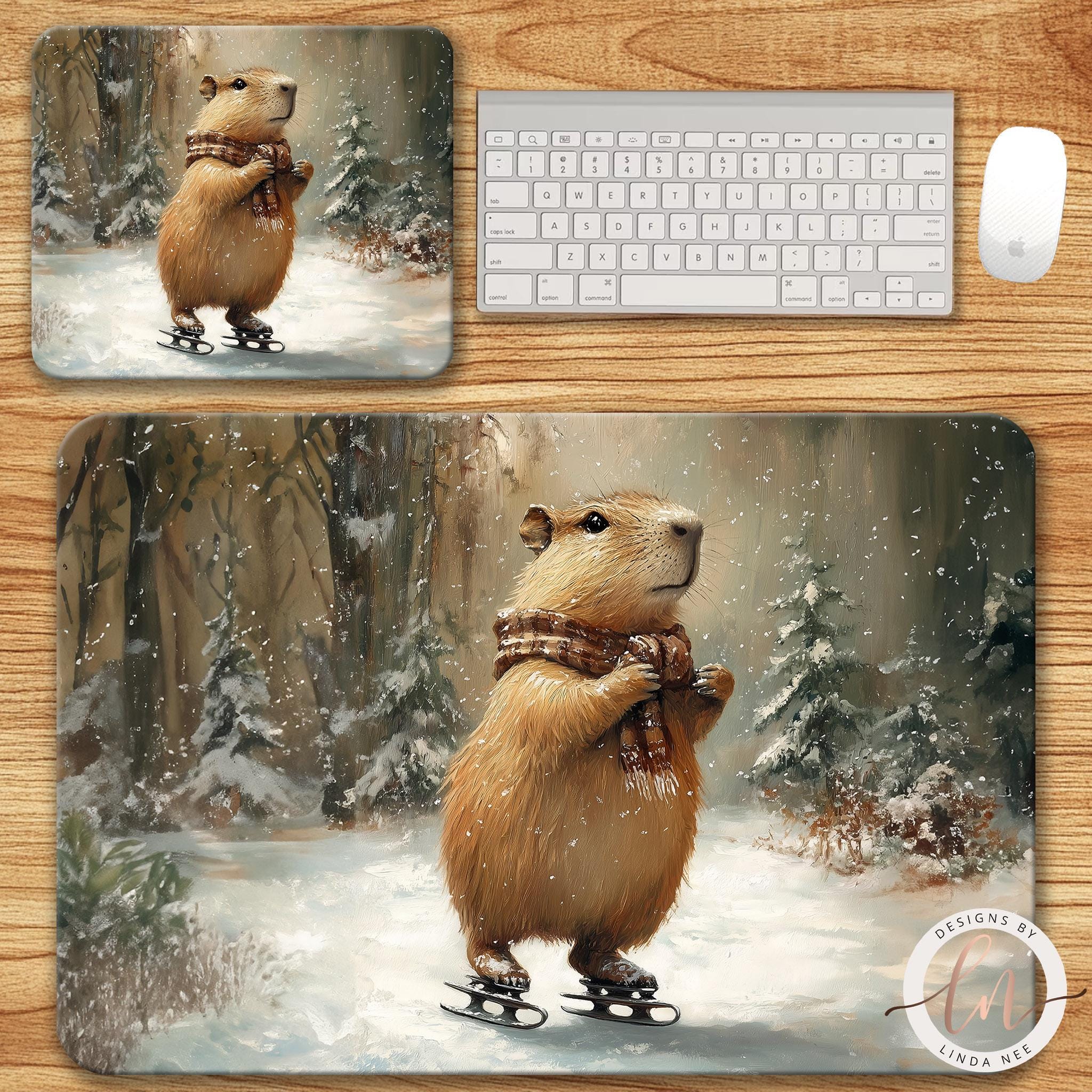 Capybara Mousepad - Cute Winter Forest Desk MatDesigns by Linda Nee
