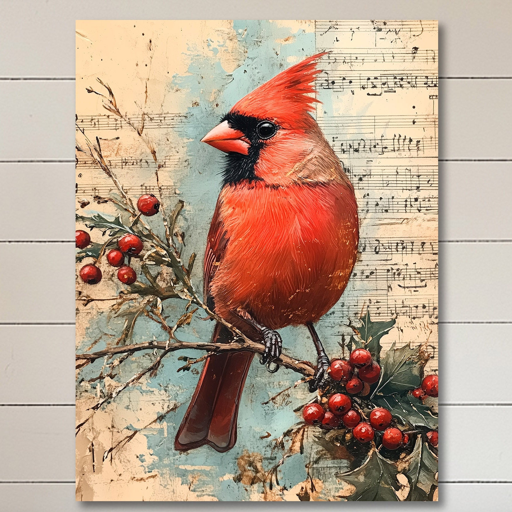 A vibrant red cardinal bird perched on a branch with red berries, set against a background of musical notes.