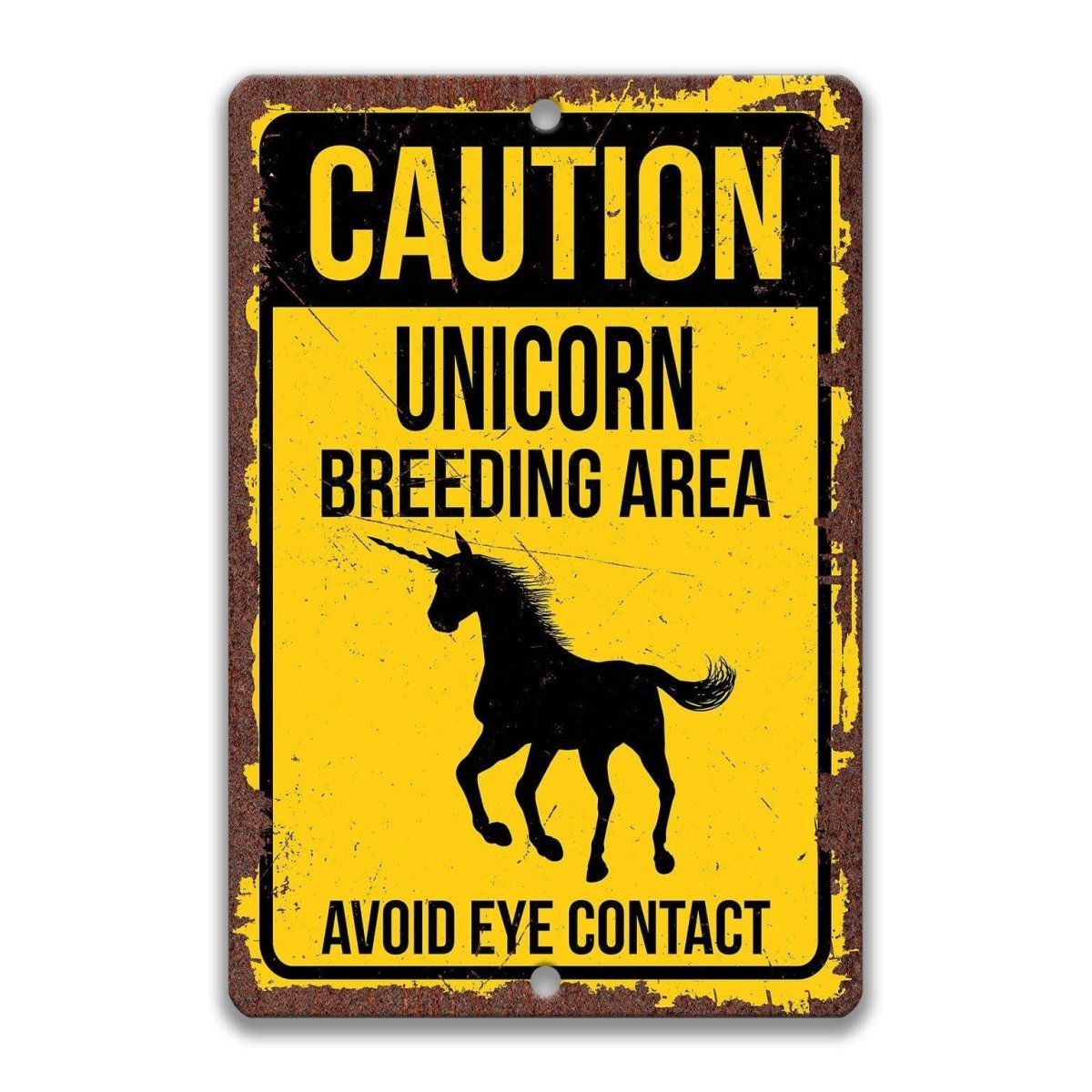 Caution Unicorn yard warning sign, clean glossy finish, bold rearing unicorn silhouette with warning text