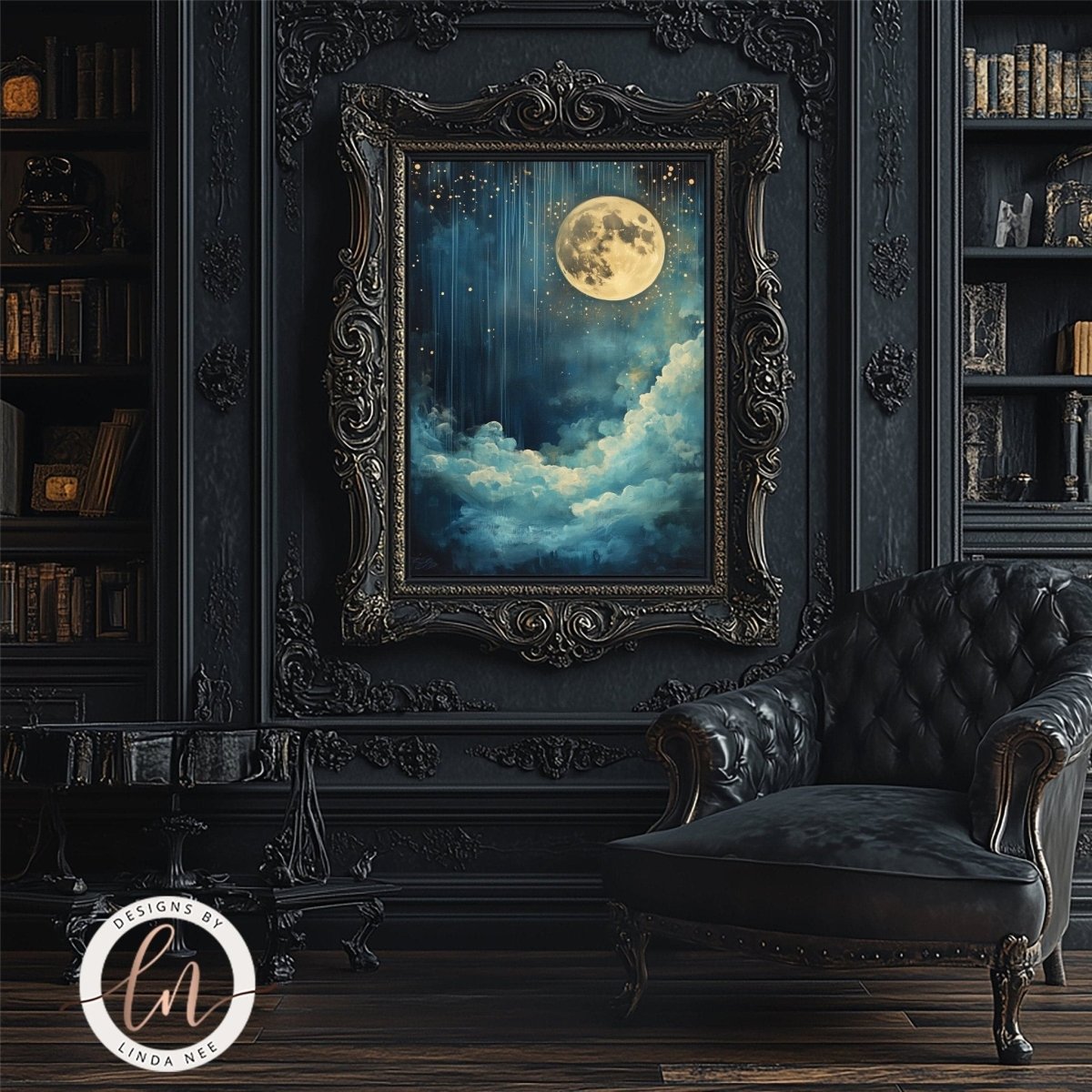 Shooting star moon art print displayed in an ornate gilded frame