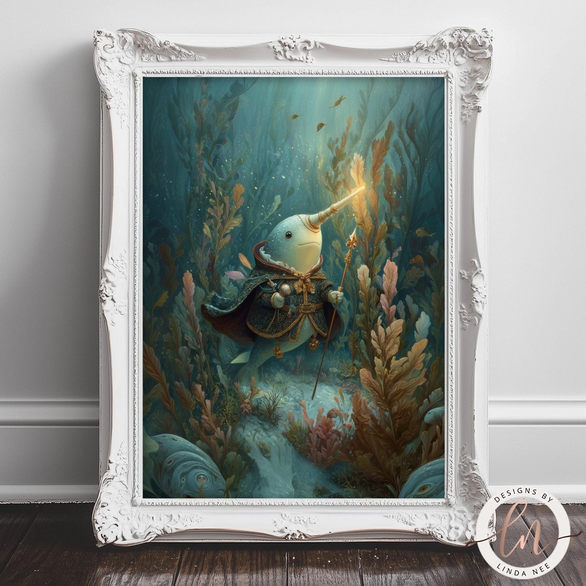 The image is a framed painting depicting a fantastical underwater scene with a creature resembling a fish or sea monster, surrounded by vibrant marine life and plants.