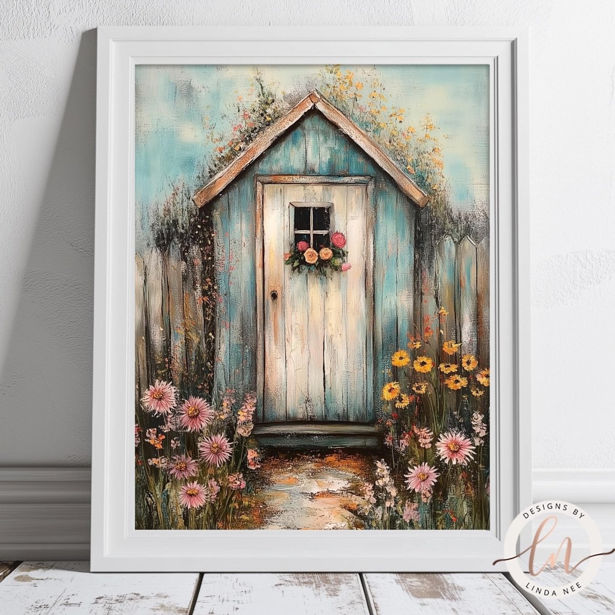 Weathered blue wooden shed surrounded by a vibrant flower garden
