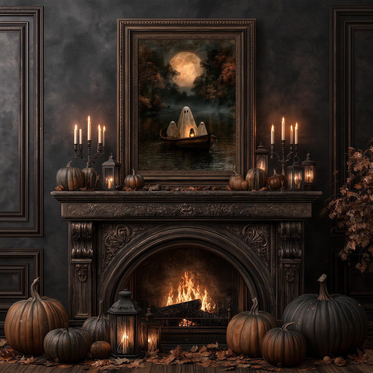 Autumn hearth styled with pumpkins, lanterns, and candlelight beside the print