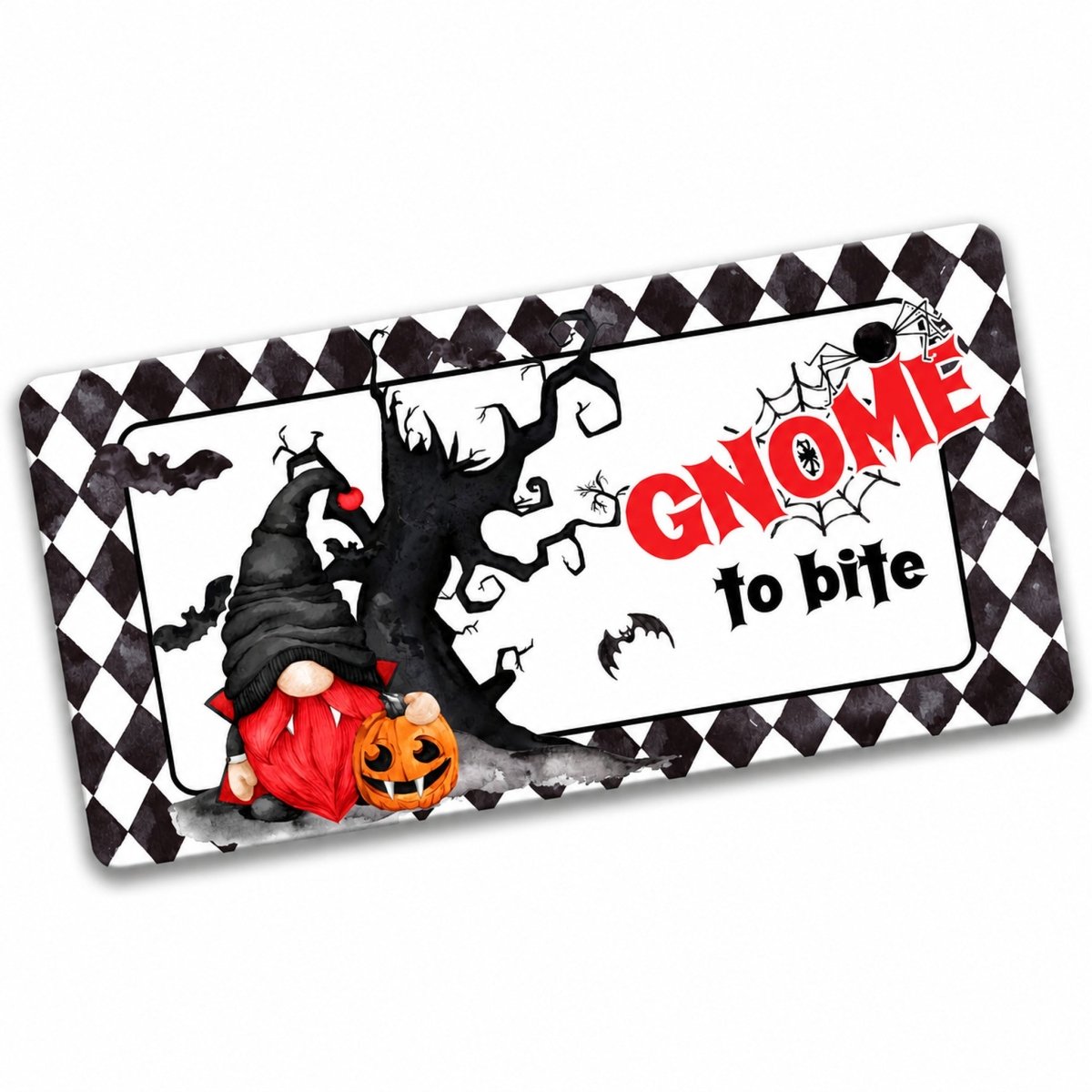Gnome to Bite 6x12 metal wreath sign with a vampire gnome on black and white check