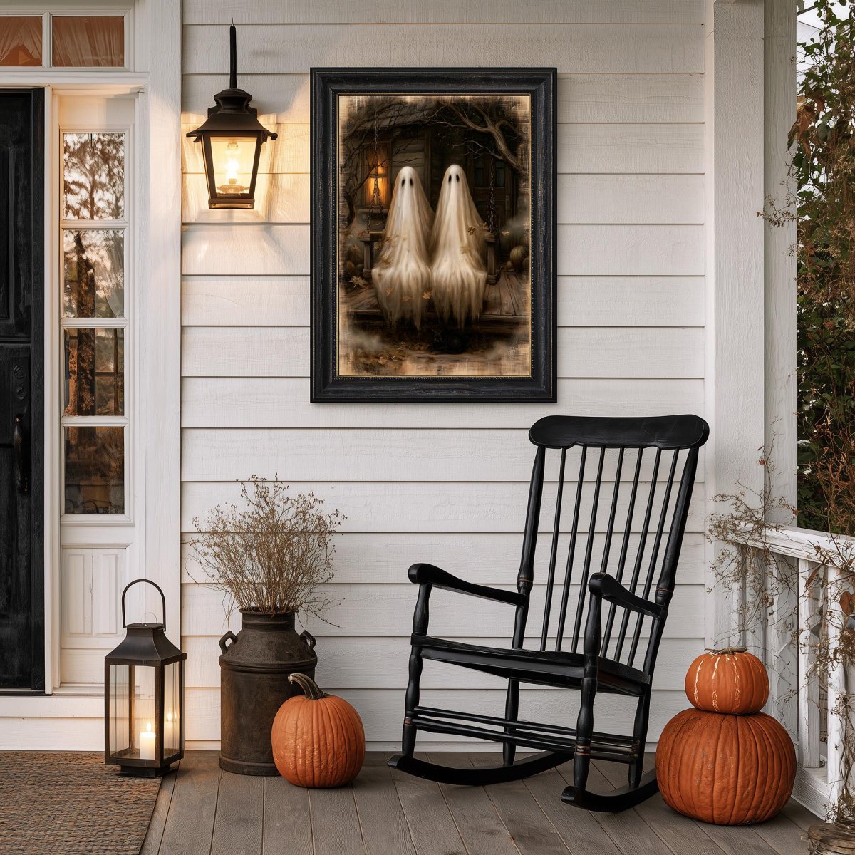 Ghost couple art print on a porch wall above a black rocking chair and pumpkins
