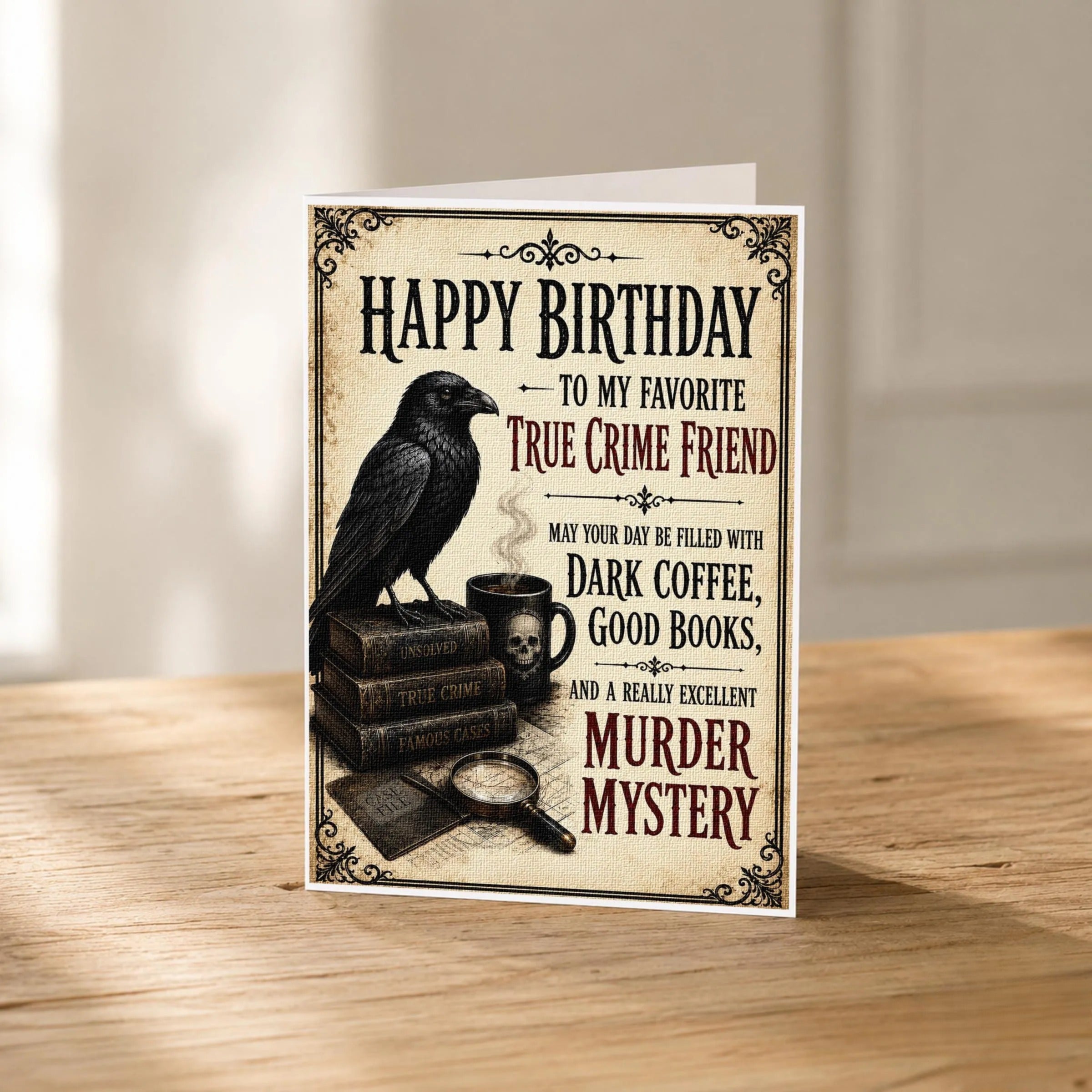 The image is a birthday card with a black bird perched on a stack of books, along with a mug and a magnifying glass, all set against a dark background. The card features a humorous birthday message for a true crime enthusiast, including a reference to a "Murder Mystery".