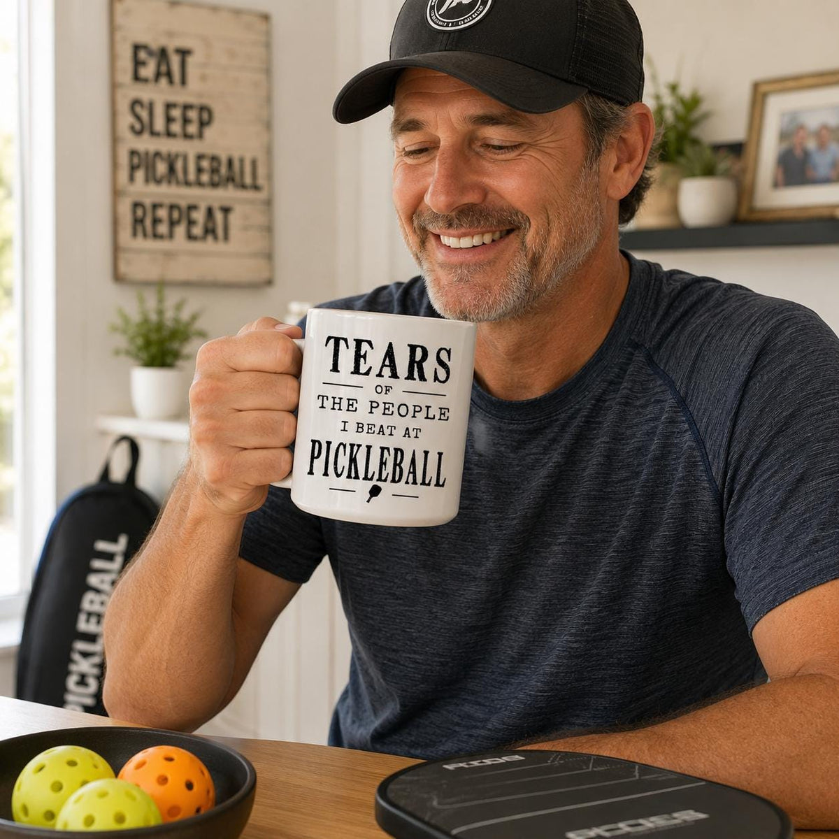 Smiling man seated at a table holding the Tears of the People I Beat at Pickleball coffee mug