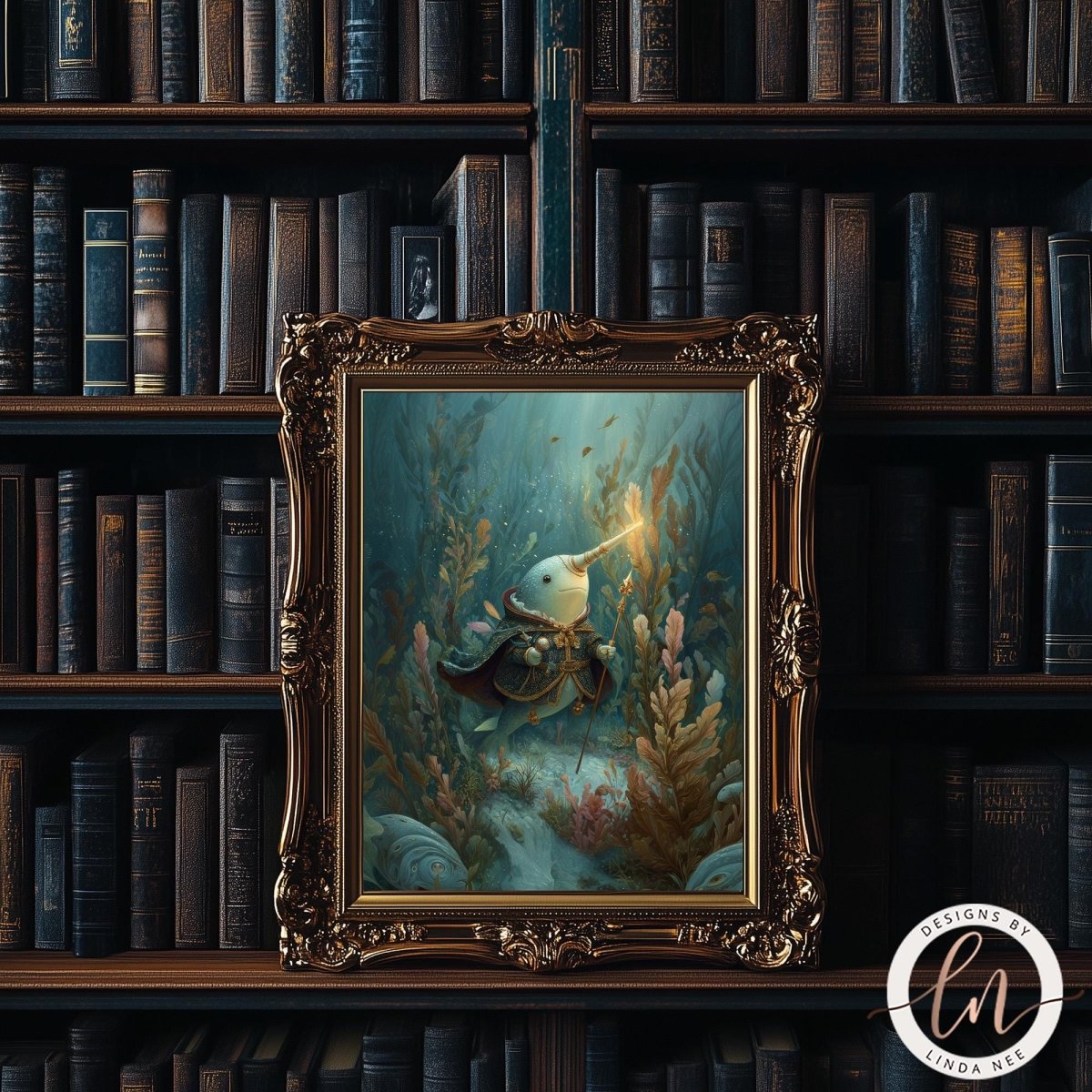 a painting of a kiwi bird with a long beak, surrounded by underwater plants, displayed in an ornate gold frame. The painting is set against a backdrop of a bookshelf filled with books.