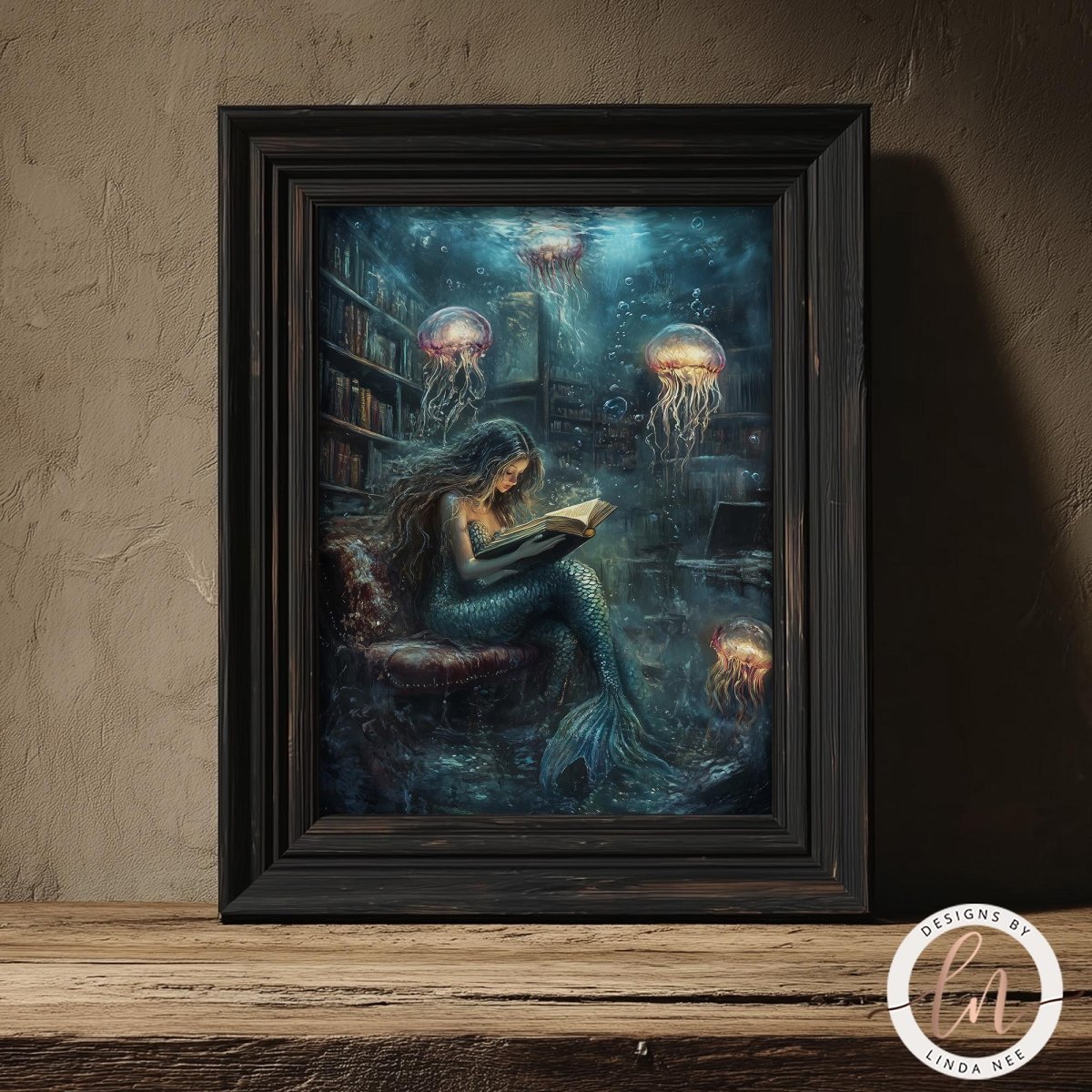 A mermaid is reading a book while surrounded by jellyfish in a fantastical underwater scene.