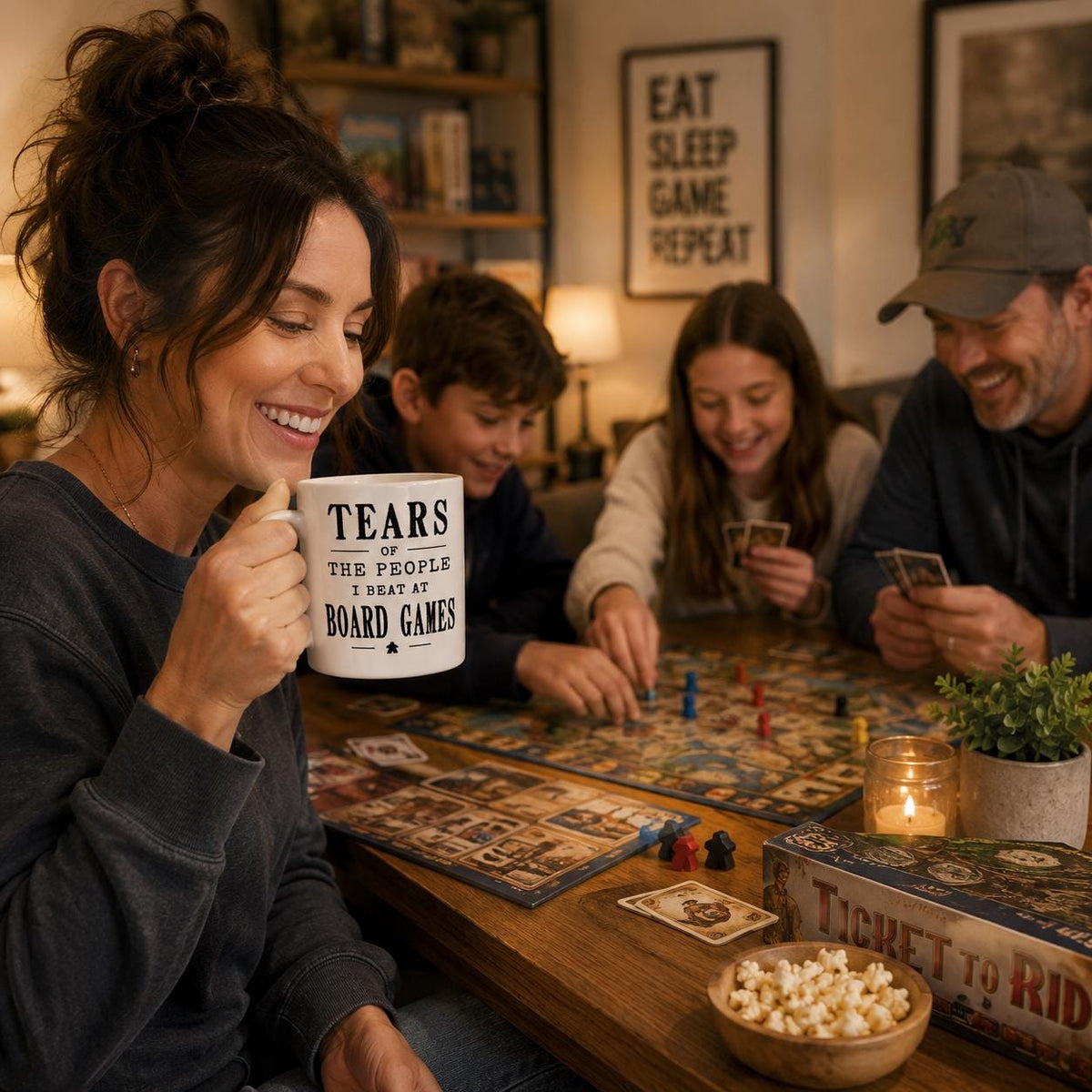 Smiling woman at a game night table holding the Tears of the People I Beat at Board Games mug