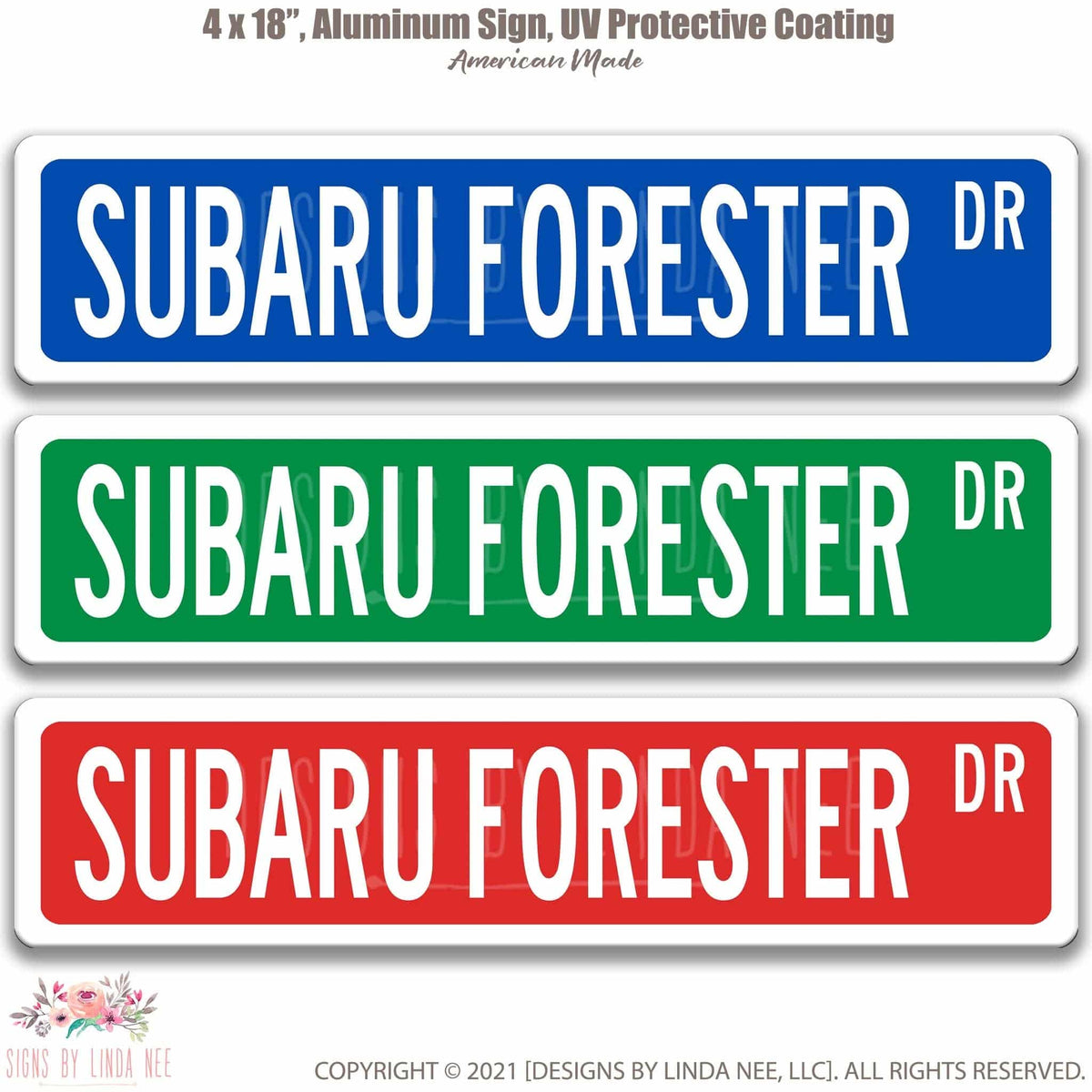 Subaru Forester DR street name sign shown in three aluminum color options