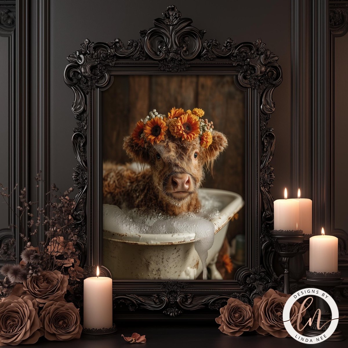A framed image of a cow with a flower crown in a bathtub, surrounded by candles and flowers.