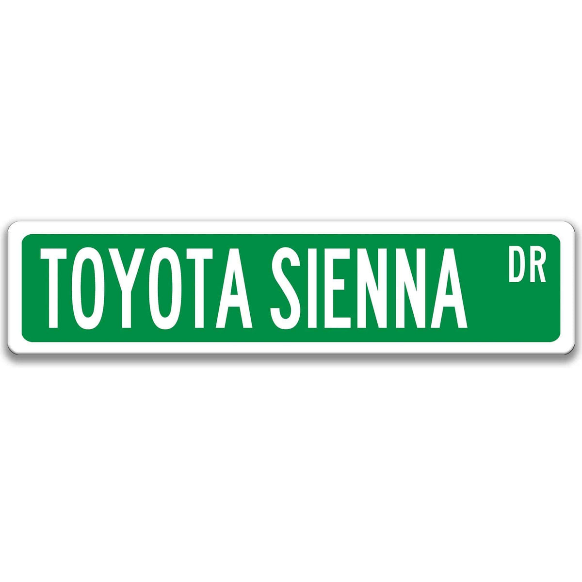 Green metal street sign with white text reading TOYOTA SIENNA DR