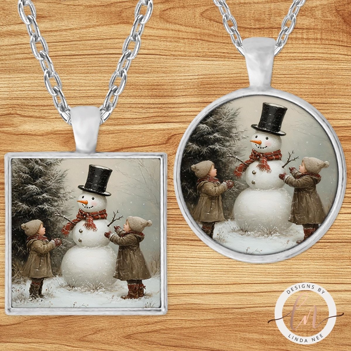 Vintage Children & Snowman Pendant Necklace