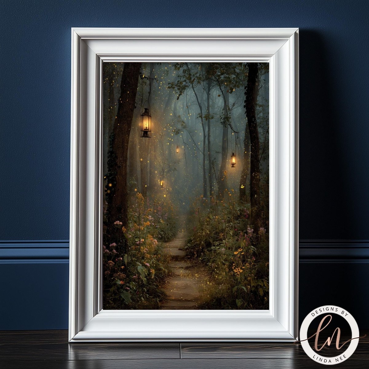 A framed painting depicting a serene forest path with lanterns hanging from the trees, creating a magical and enchanting atmosphere.