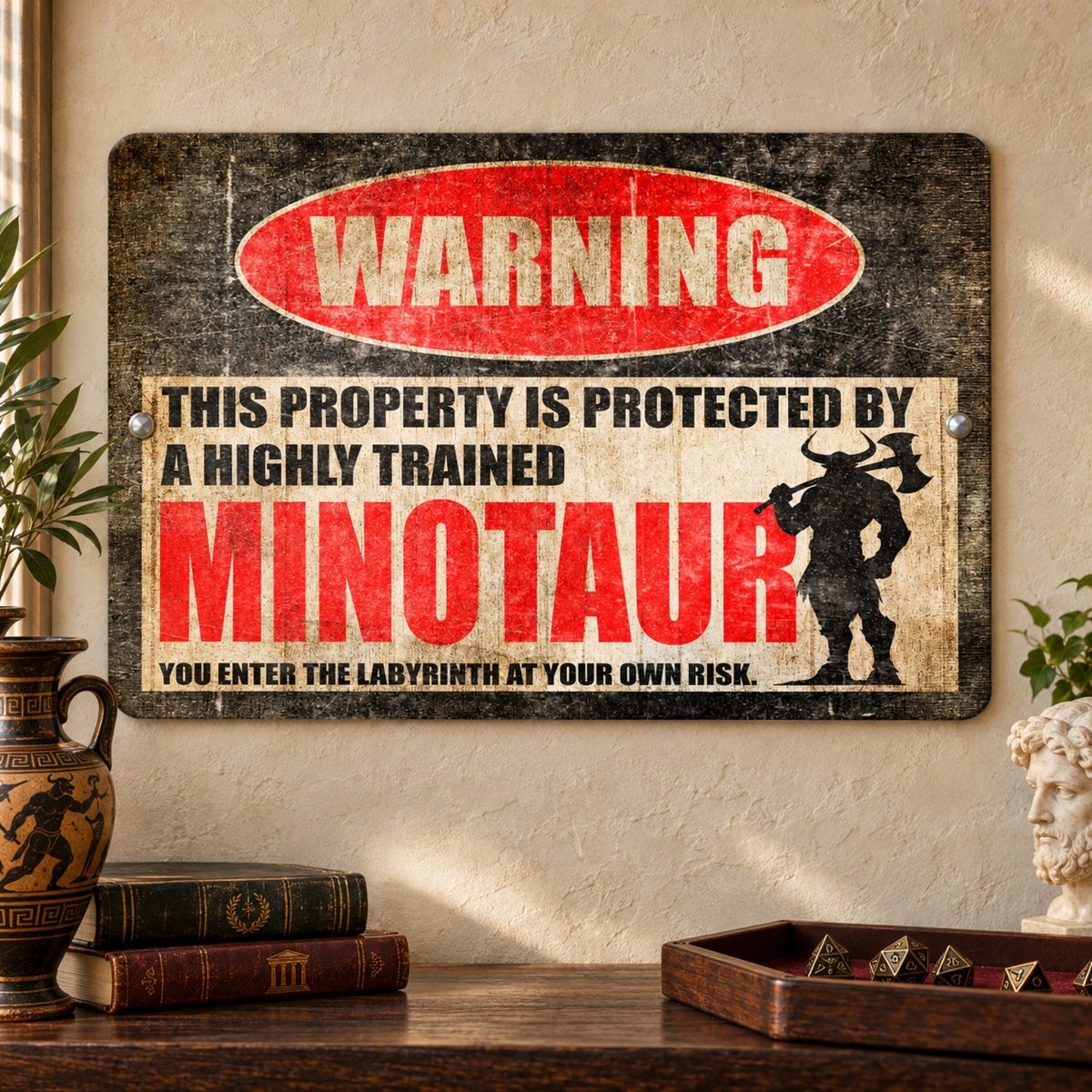 a sign that reads "WARNING: THIS PROPERTY IS PROTECTED BY A highly trained MINOTaurus. YOU ENTER THE LABYRINTH AT YOUR OWN RISK."