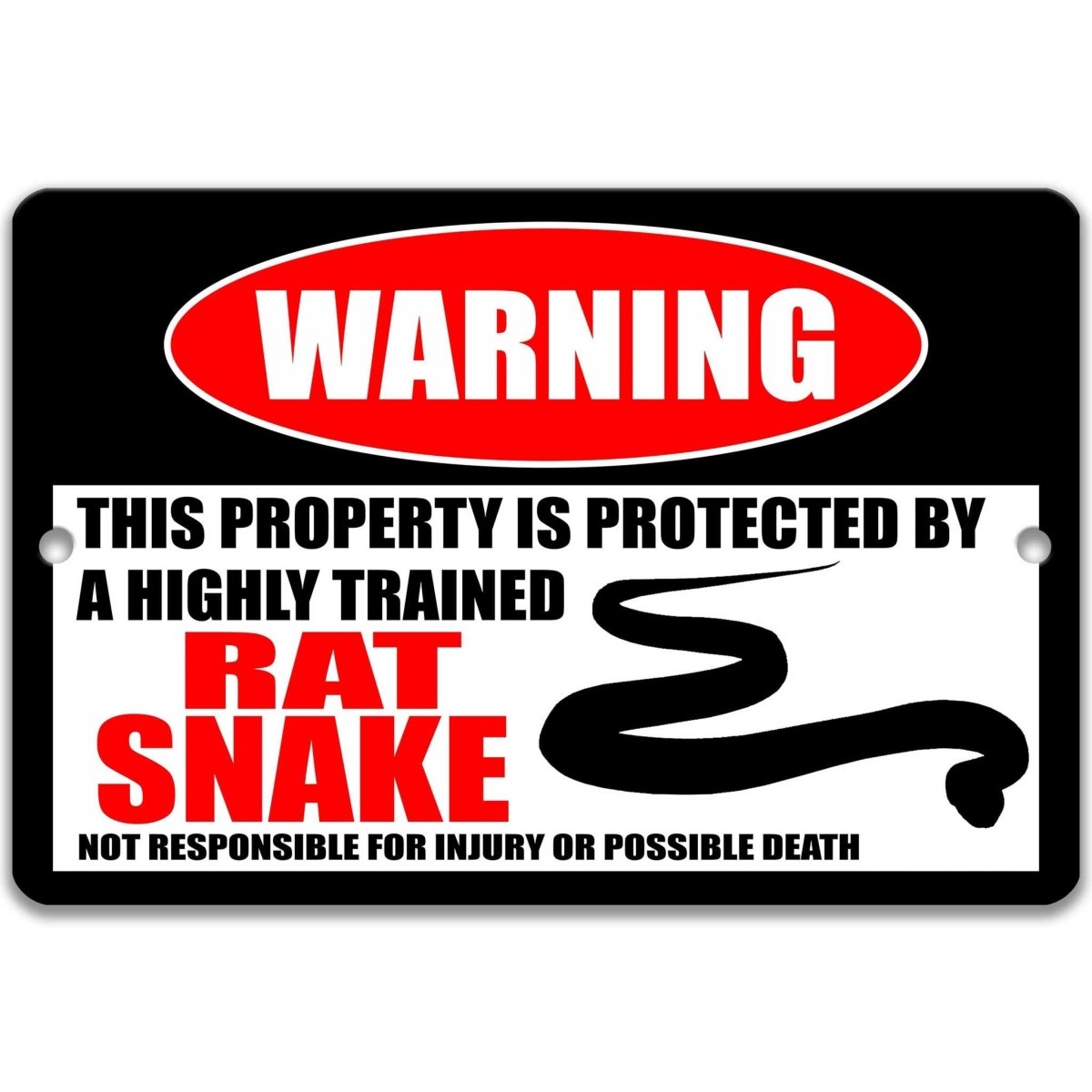 Rat Snake warning metal sign, rat snake silhouette beside bold red WARNING lettering, 'not responsible for injury or possible death'