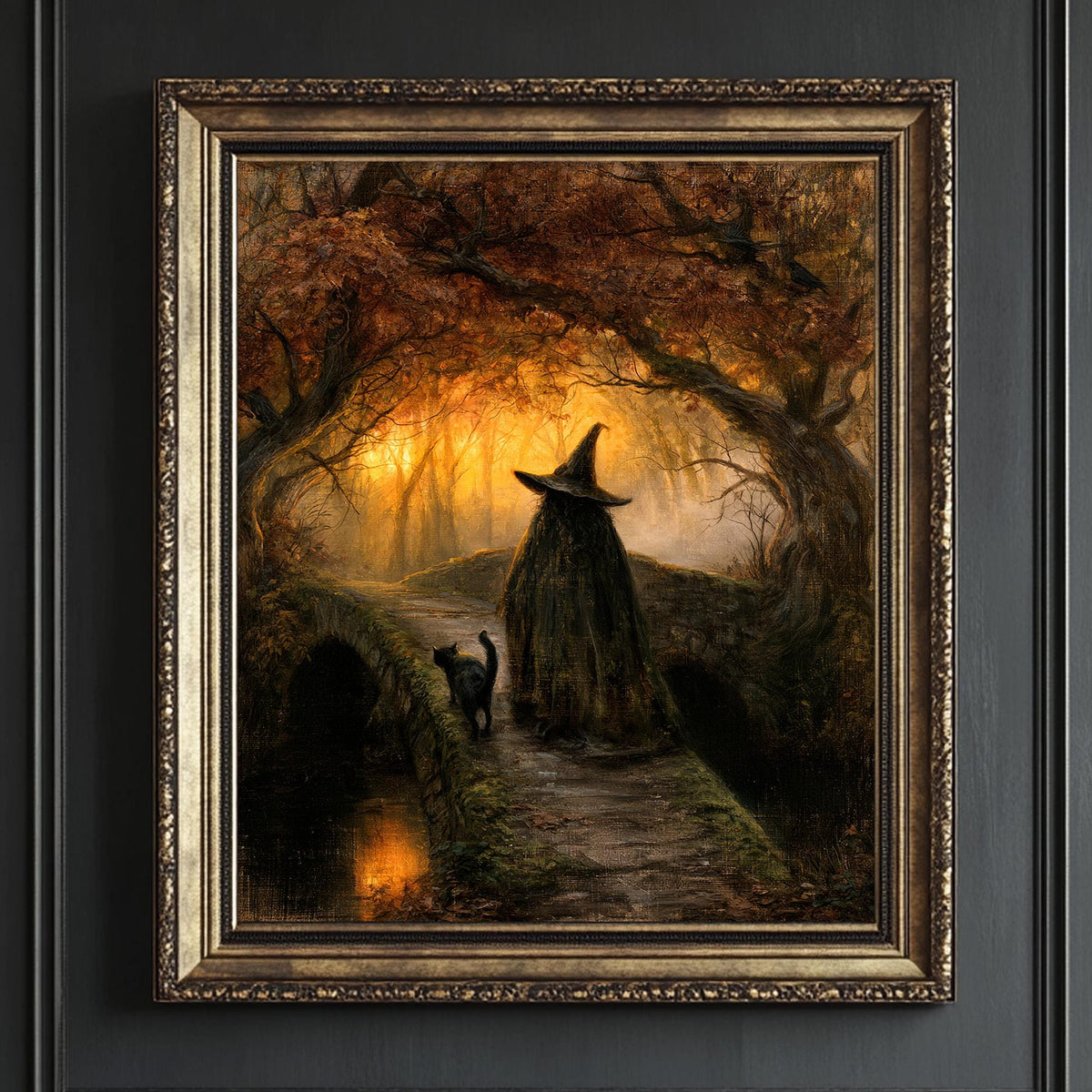 Close detail of the autumn witch print showing the mossy stone bridge and golden forest canopy