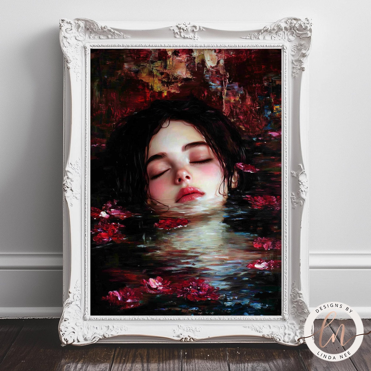 A framed painting depicting a woman's face with closed eyes and a serene expression, surrounded by a tranquil scene of water and pink flowers.