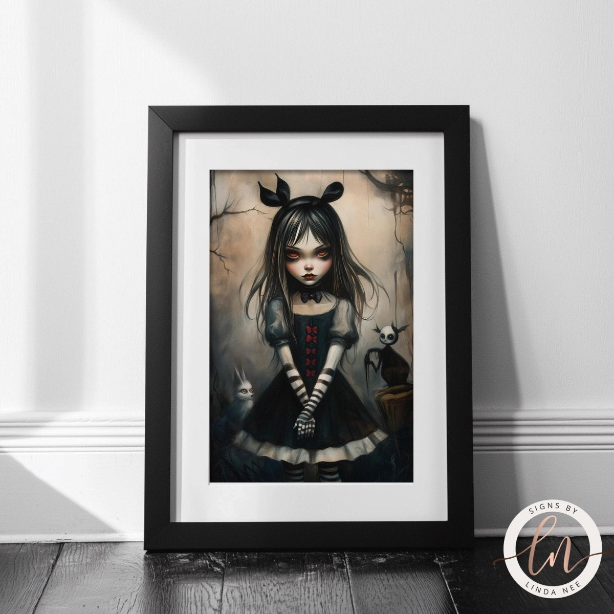 Gothic portrait of a girl in a black dress with a pointed hat and a cat