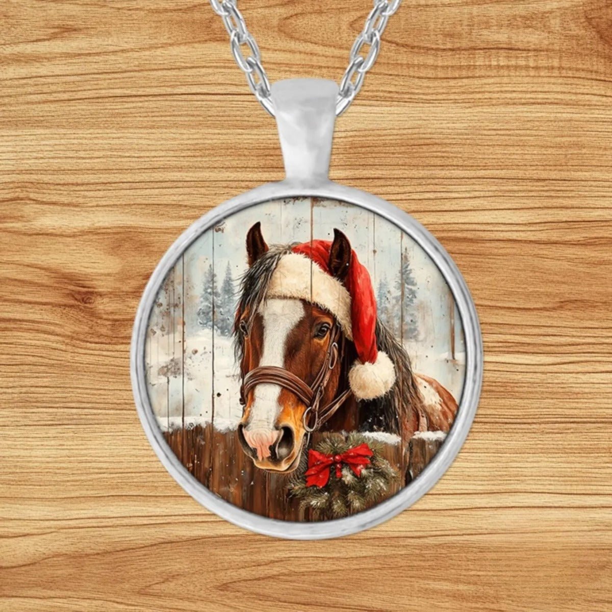 Round silver charm pendant necklace featuring a horse wearing a Santa hat and Christmas wreath