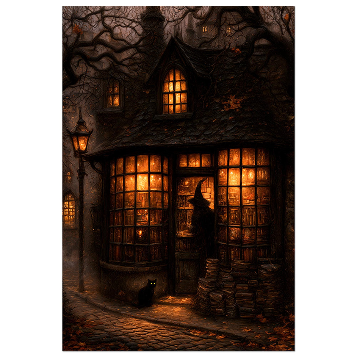 Glowing old bookshop at night with a black cat sitting outside under a street lamp