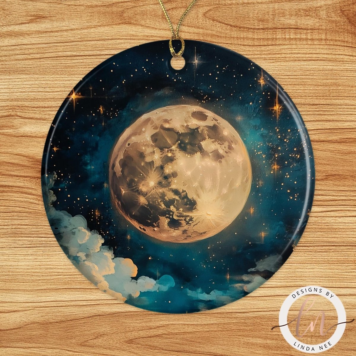 A decorative ornament featuring a large, detailed depiction of a moon surrounded by a starry night sky.