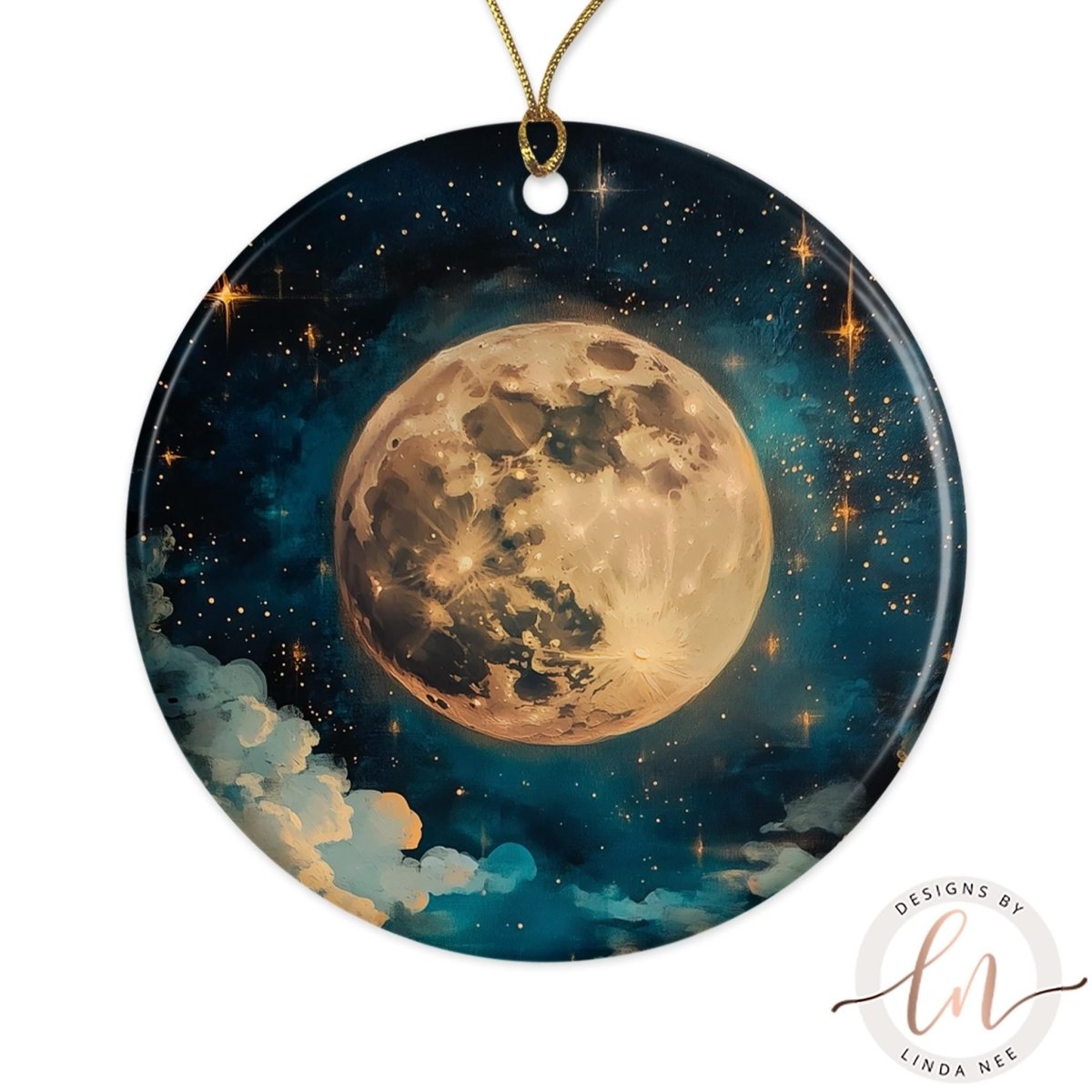 A large, detailed image of a full moon surrounded by a starry night sky, with clouds and twinkling stars in the background.