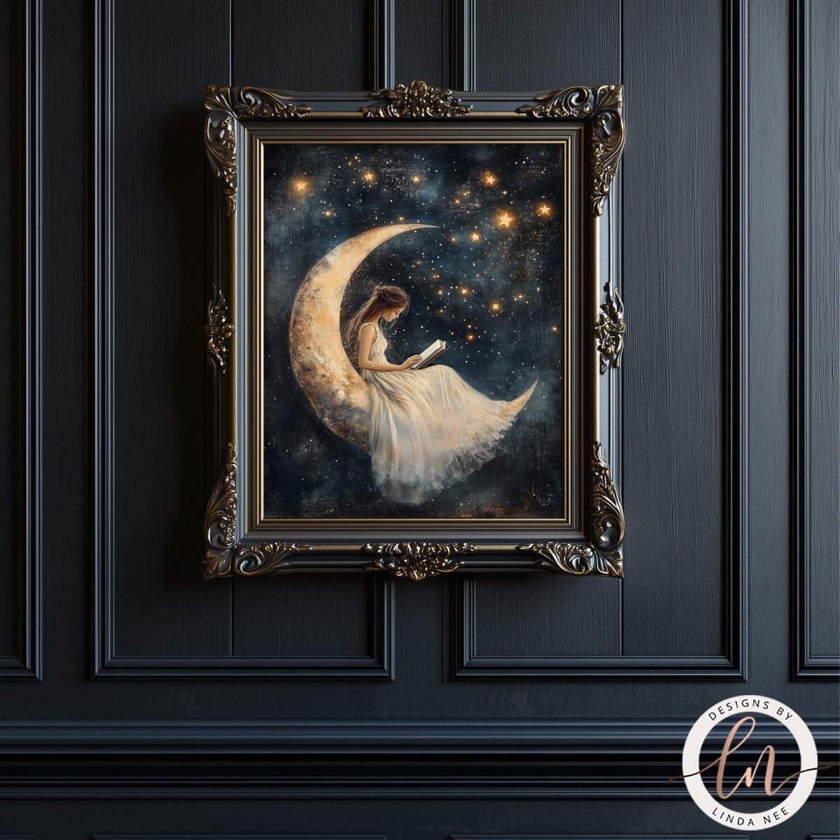 a painting of a woman sitting on a crescent moon, surrounded by stars, in an ornate frame.