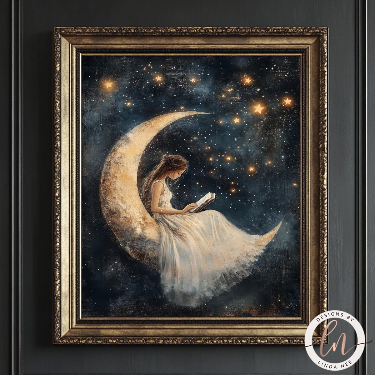 A woman in a flowing white dress sits on a crescent moon, reading a book under the starry night sky.