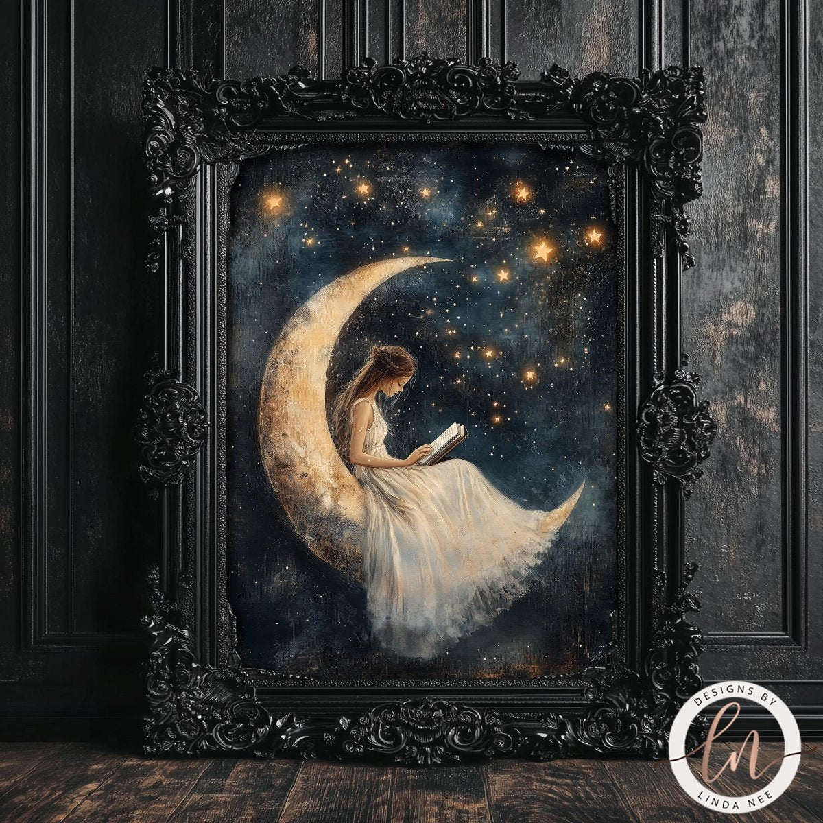 A woman in a flowing white dress is sitting on a crescent moon, reading a book, with a starry night sky in the background.