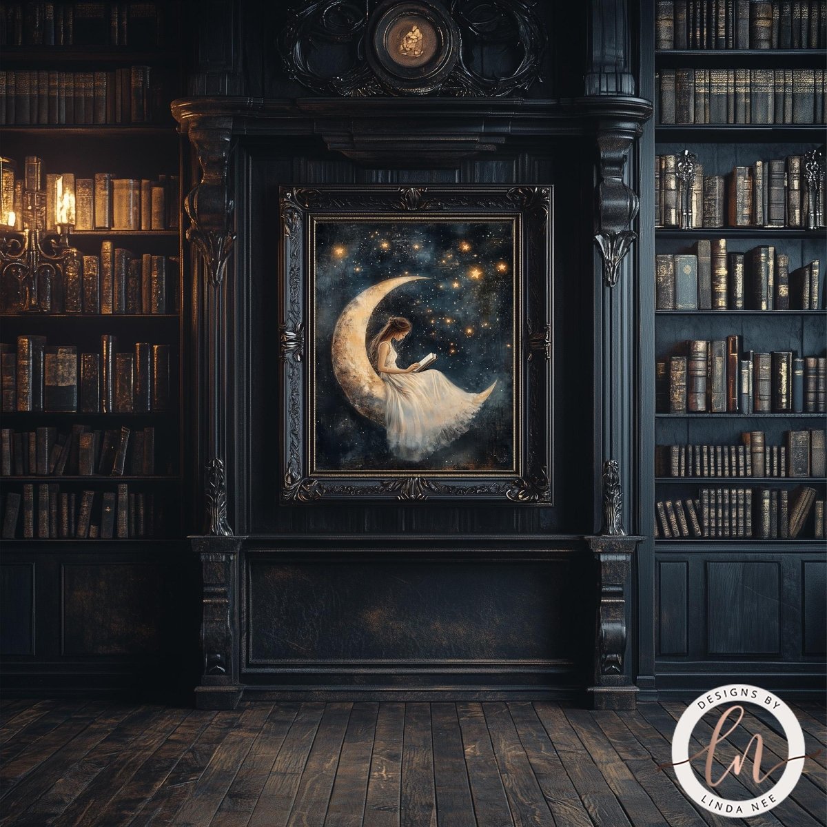 a painting of a woman on a crescent moon, surrounded by stars, in a dark room with bookshelves and a chandelier.