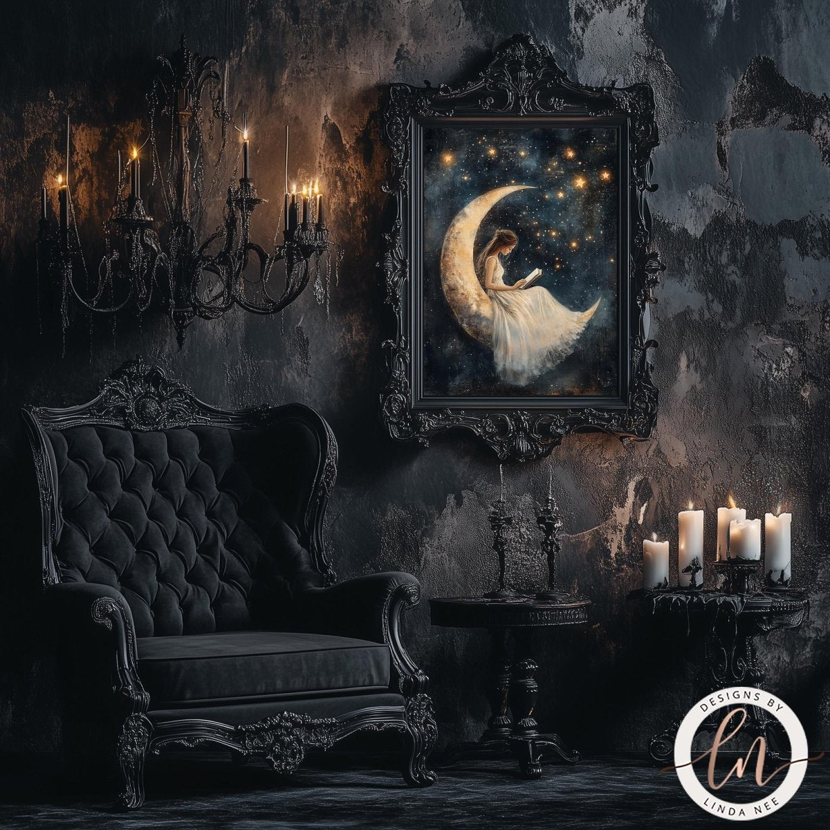 a luxurious and ornate interior with a large painting of a woman on a crescent moon, surrounded by candles and a chandelier. The room has dark, moody colors and a gothic atmosphere, with a black tufted chair and a small table with a lamp.