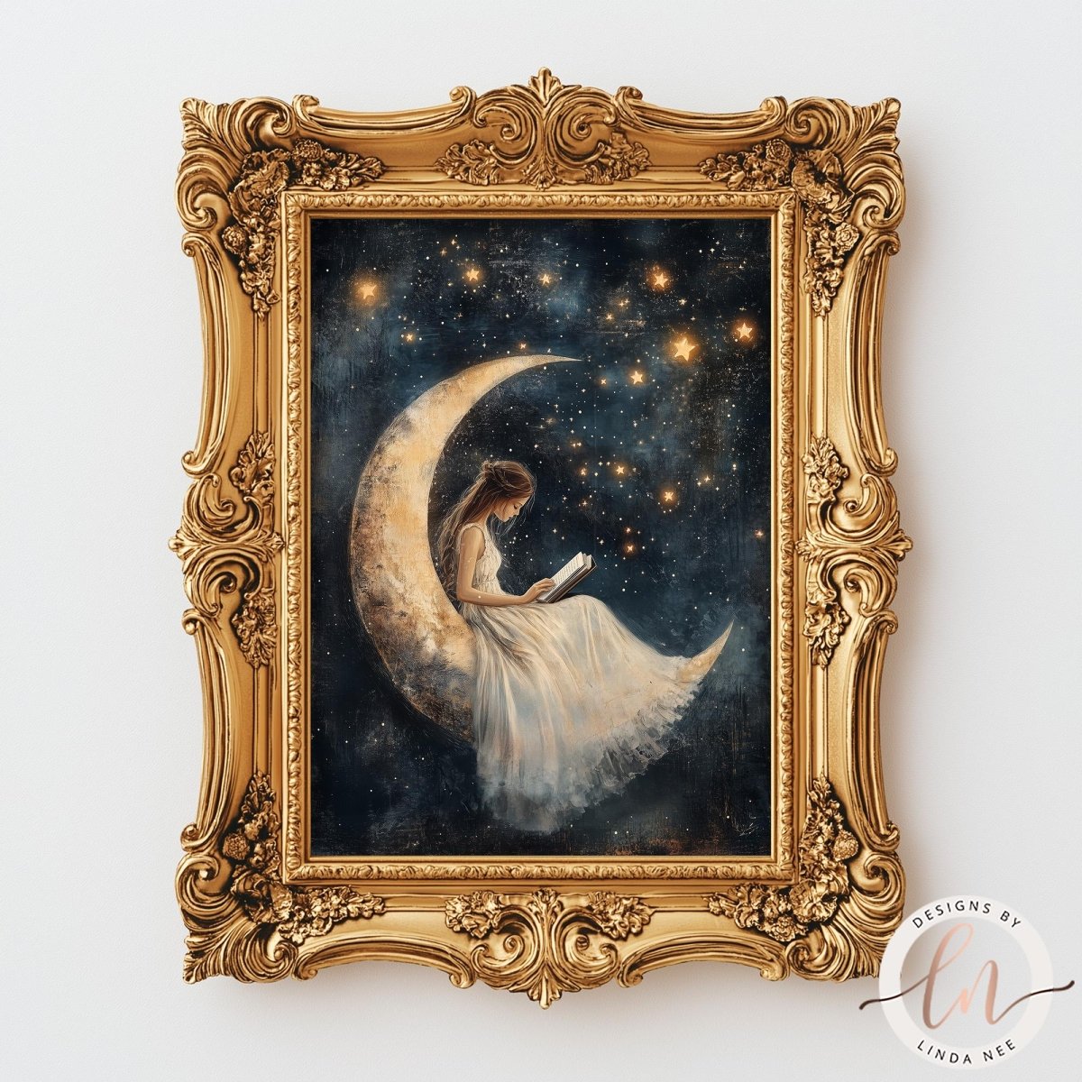 The image is a painting of a woman sitting on a crescent moon, reading a book. The painting is framed in an ornate gold frame and is displayed on a white wall.