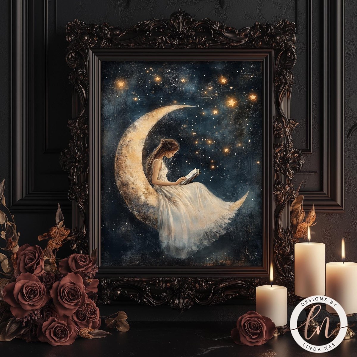 a woman sitting on a crescent moon, reading a book, surrounded by a starry night sky and a bouquet of roses.
