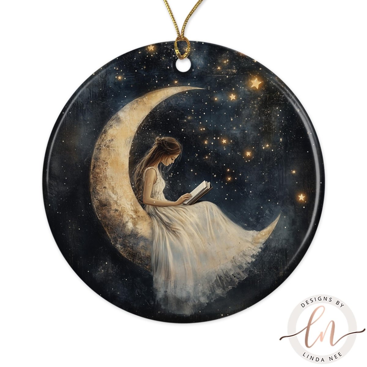 A woman in a flowing white dress is sitting on a crescent moon, reading a book, with a starry night sky in the background.