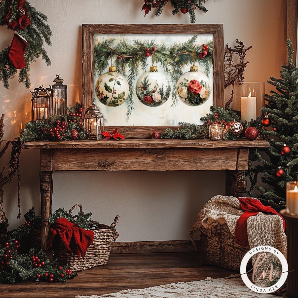 Floral ornament print styled with a wicker basket and lit candle